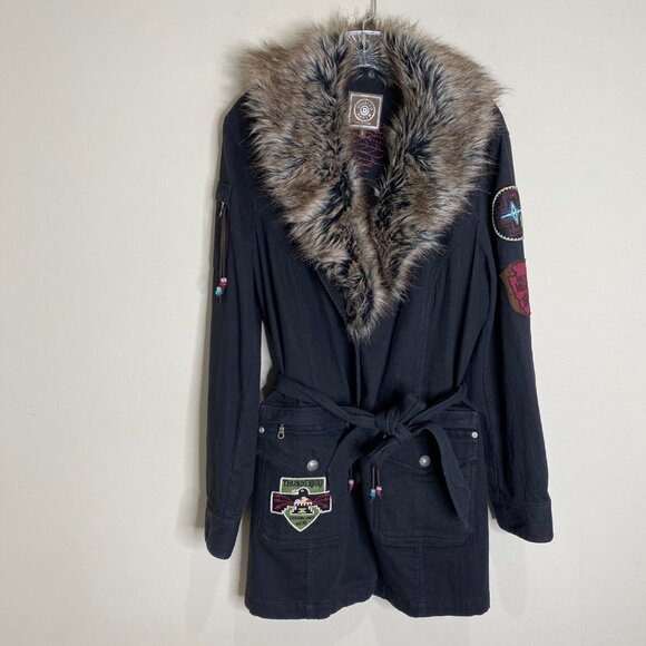 Double D Ranch Long Denim Jacket Embroidered Native American Faux Fur Trim L - Picture 3 of 12